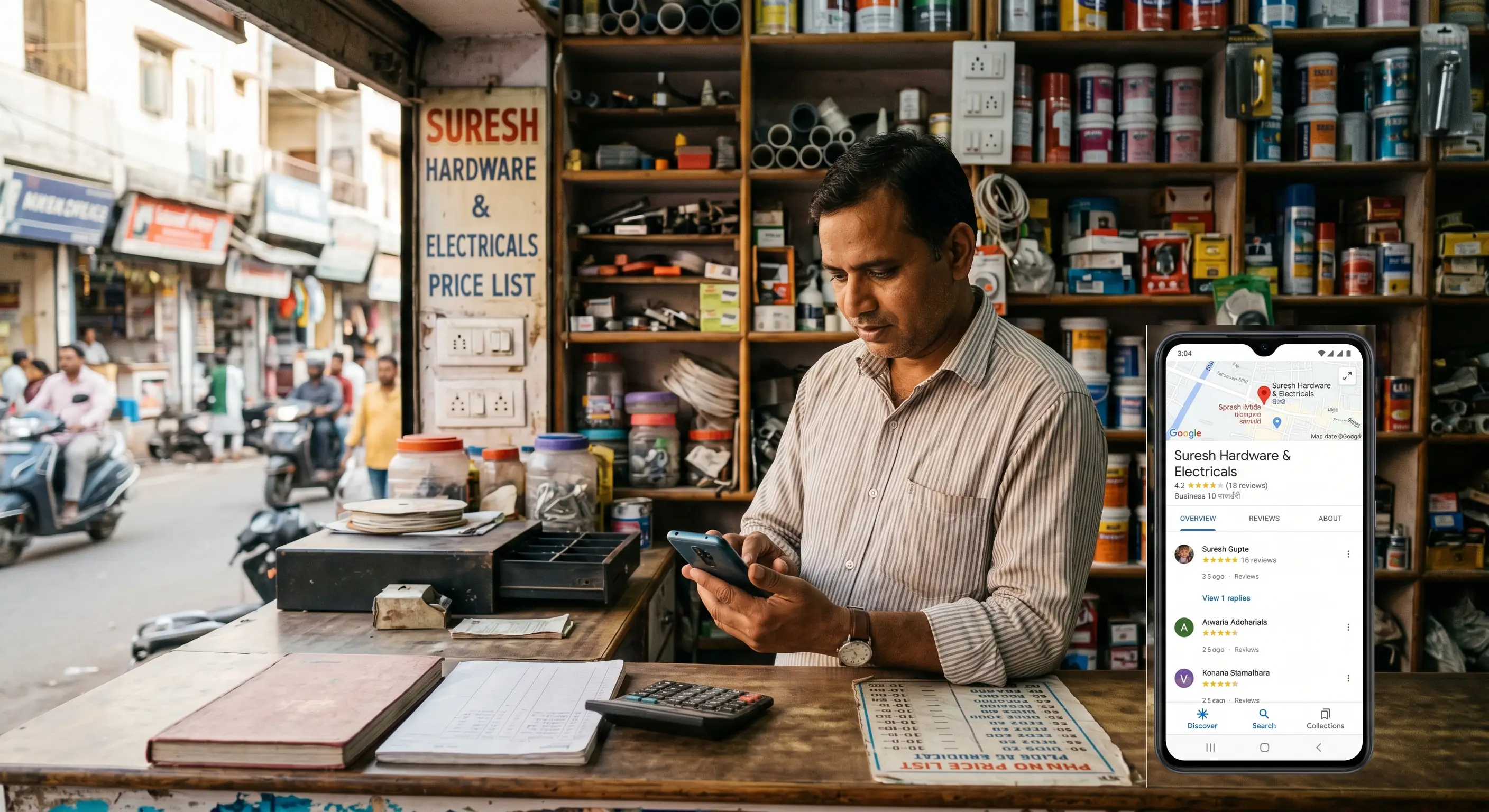 Shop owner reviewing Google Business Profile on phone at a Patna retail counter