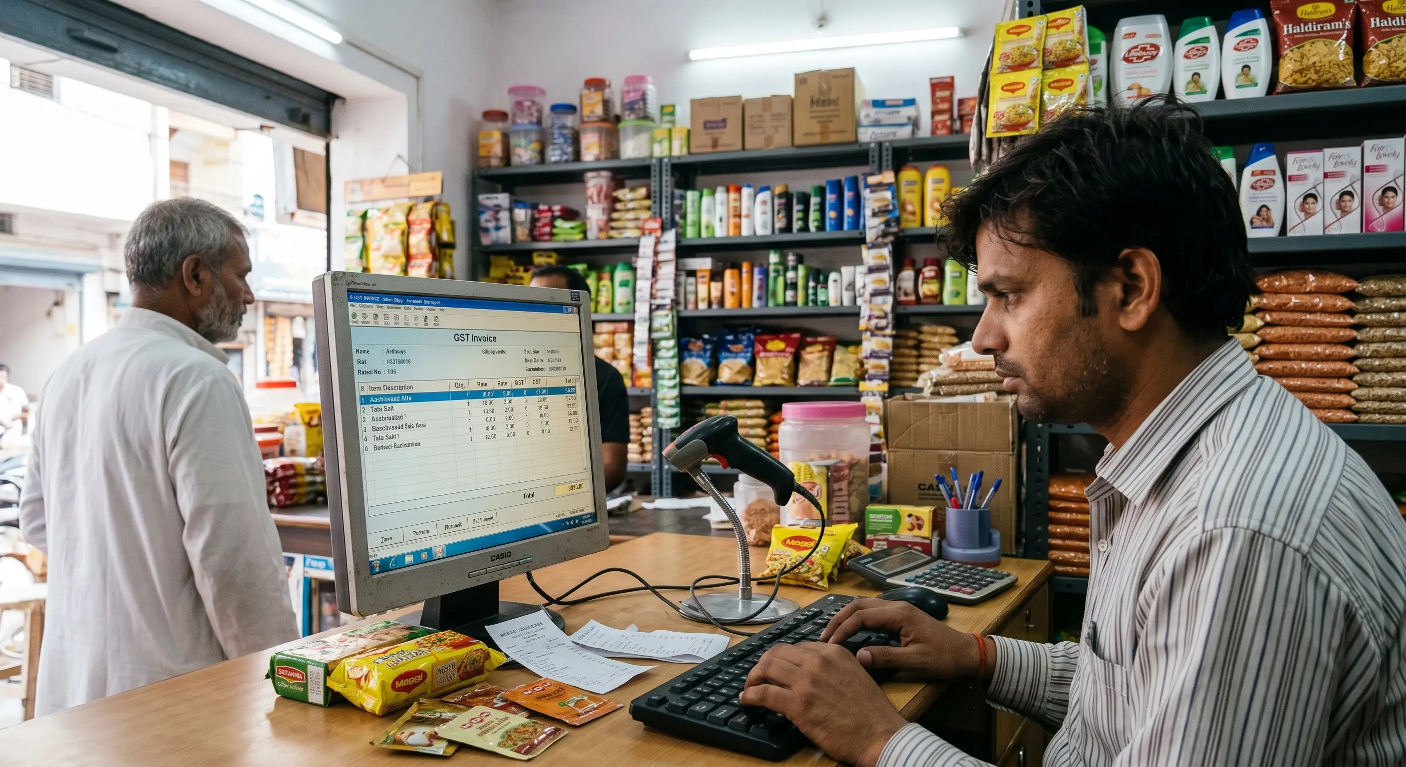 Billing software on laptop at Patna retail shop counter with GST invoice and scanner
