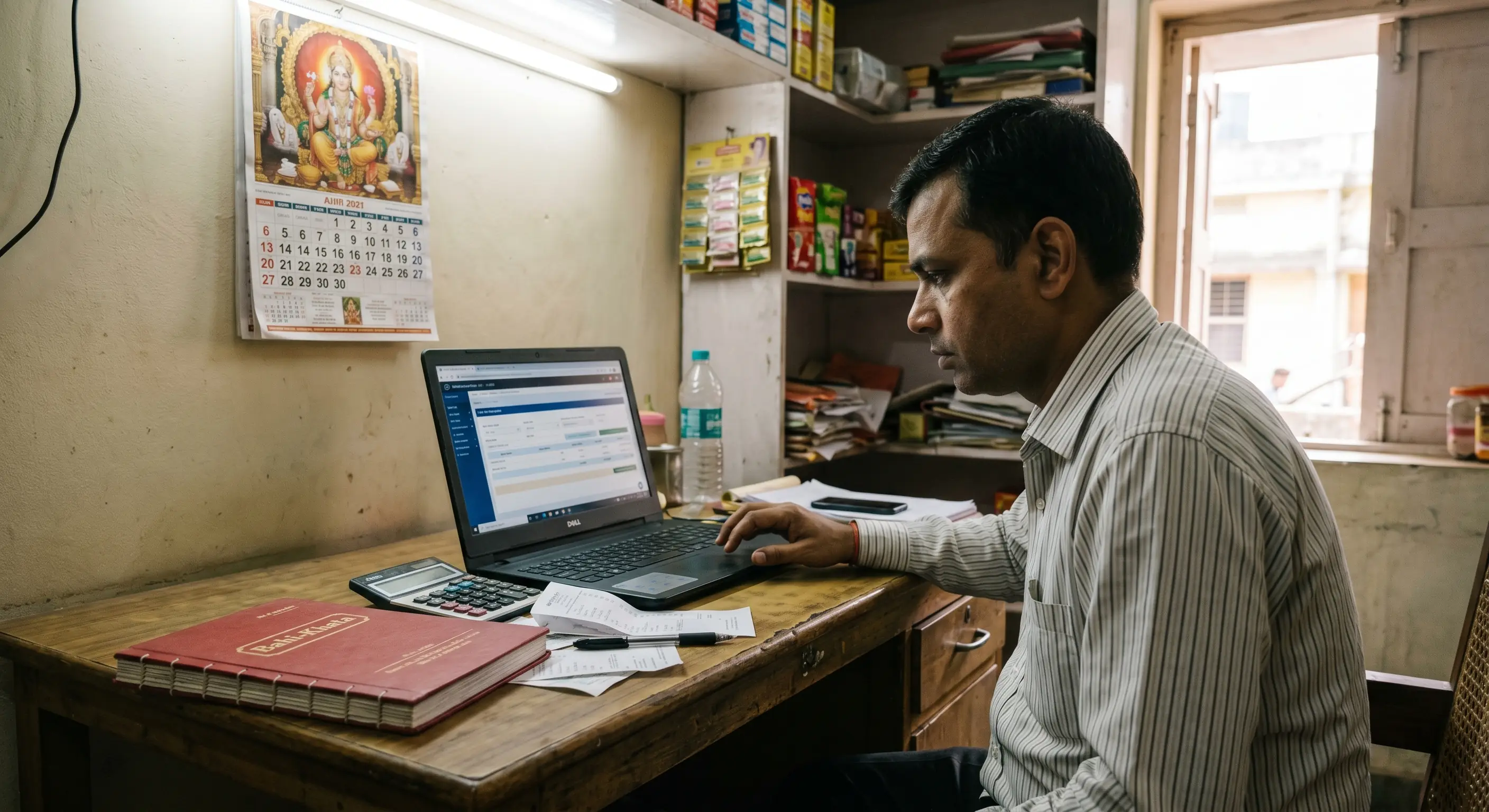 GST return preparation on a laptop at a Patna trader desk with invoice register and calculator