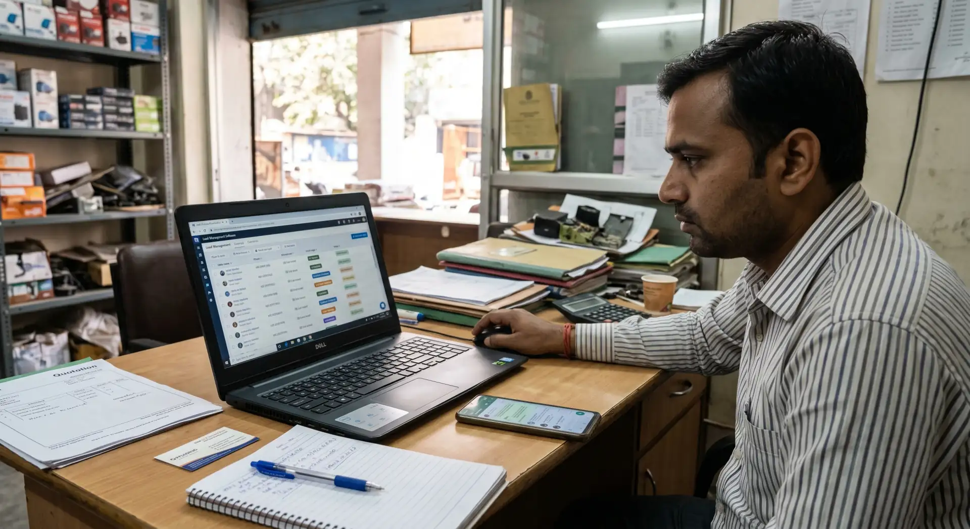 Patna business owner checking lead follow-up dashboard on laptop with WhatsApp phone beside it